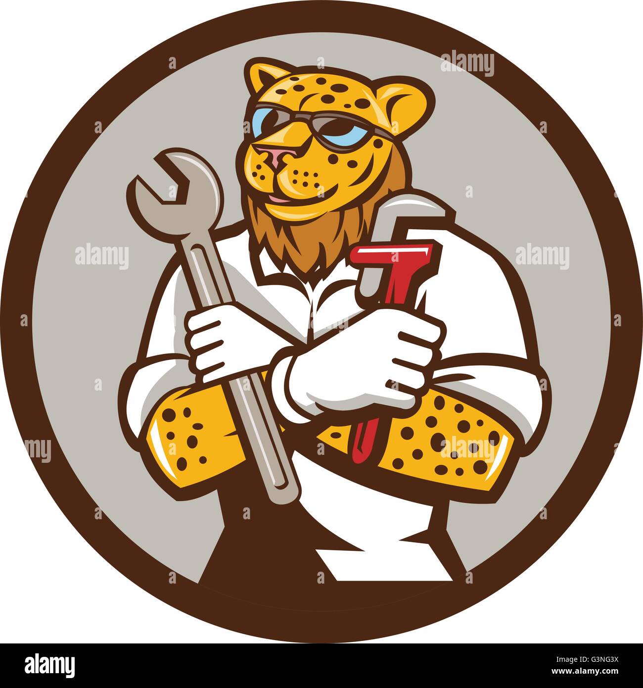 `Illustration of a leopard mechanic holding spanner and monkey wrench with arms crossed viewed from front set inside circle on isolated background done in cartoon style. Stock Vector